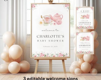 Editable A Baby Is Brewing Welcome Sign Bundle, Pink Tea Party Baby Shower Poster, Floral Baby Shower Decor, High Tea Baby Shower Set