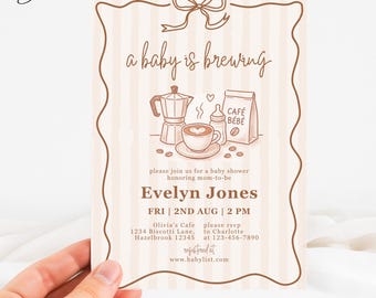 Invitación para baby shower con temática de café, invitación "Se está gestando un bebé", invitación para baby shower con diseño de cafetería dibujada a mano, invitación minimalista con diseño de grano de café
