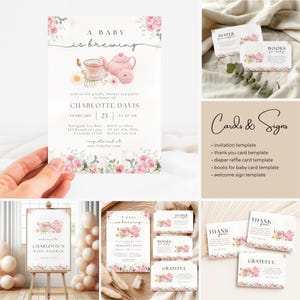 Editable A Baby Is Brewing Baby Shower Bundle, Pink Floral Tea Party Baby Shower, Tea Time Books & Diaper Raffle, Whimsical Tea Shower Set