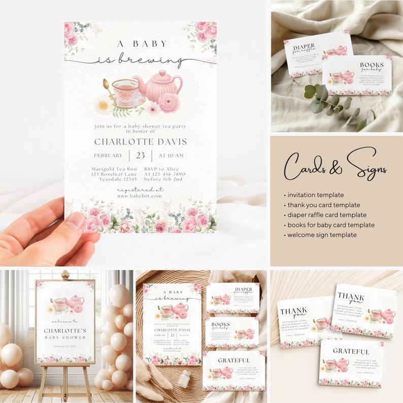 Editable A Baby Is Brewing Baby Shower Bundle, Pink Floral Tea Party Baby Shower, Tea Time Books & Diaper Raffle, Whimsical Tea Shower Set