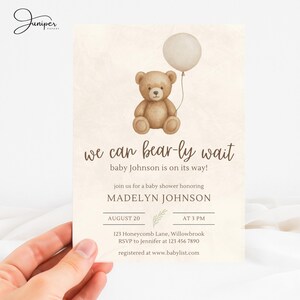 May include: Baby shower invitation featuring a watercolor teddy bear holding a balloon. The text reads "we can bear-ly wait" and announces a baby shower for Madelyn Johnson on August 20th at 3 PM. Includes address and RSVP information.