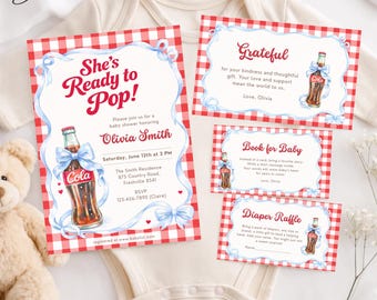 She’s Ready to Pop Baby Shower Invitation Bundle, Soda Pop Books Request & Diaper Raffle Cards, Red Gingham Cola Baby Shower Set