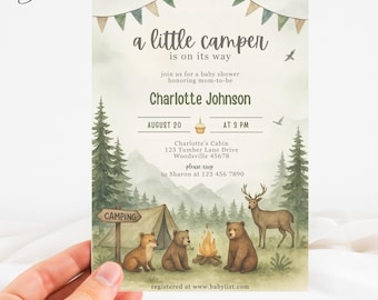 Little Camper is On its Way Baby Shower Invitation, Camping Baby Shower Invite, Woodland Animals Card, Forest Camp Invite