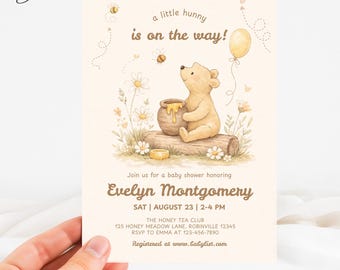 Little Hunny Is On The Way Baby Shower Invitation, Classic Winnie the Pooh Shower Invite, Honey Bear Party Invite, Winnie the Shower