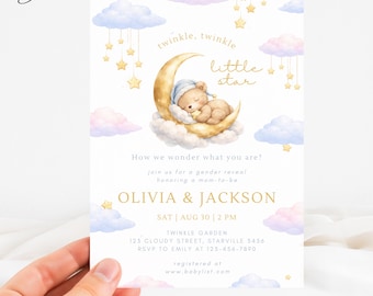 Teddy Bear Gender Reveal Invitation, Twinkle Twinkle Little Star Baby Shower Template, Pink Blue Cloud Gender Reveal Card, Stars Moon Invite