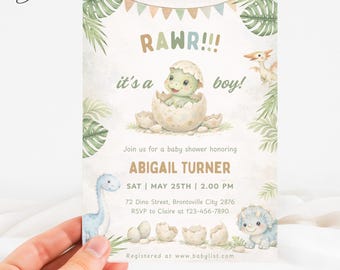 Rawr! It’s a Boy Dino Baby Shower Invitation, Dinosaur Hatching Egg Baby Shower Card, Cute Jungle Dino Party Template, It's A Boy Invite
