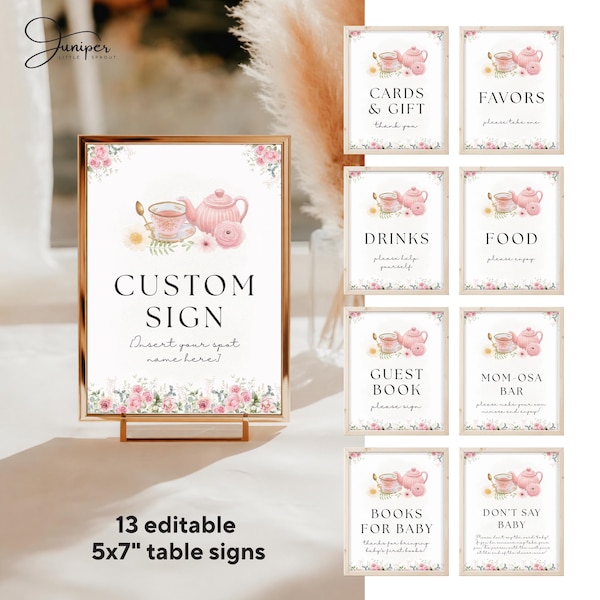 Editable A Baby Is Brewing Table Sign, Pink Floral Baby Shower Decor, Tea Party Baby Shower Party Sign, Whimsical High Tea Table Decor Set