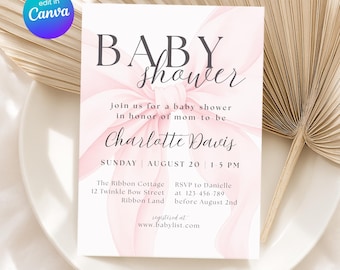 Pink Bow Baby Shower Invite, Blush Pink Bow Baby Shower, Editable Pink Bow Invitation, Pastel Pink Baby Shower Canva Template