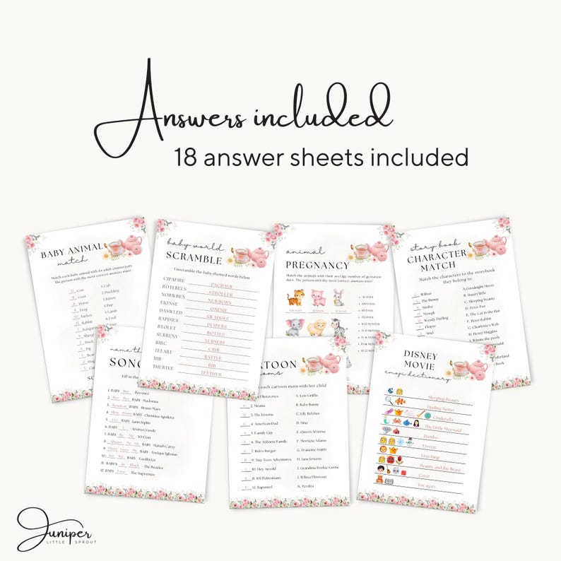 Editable A Baby Is Brewing Baby Shower Games, Tea Party Baby Shower, Pink Floral Baby Shower, Whimsical Tea Games & Answer Baby Shower Set
