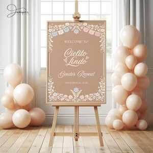 a wooden easel with a sign that reads "Welcome to Cielito Lindo Gender Reveal November 14, 2023" surrounded by pink and white balloons.