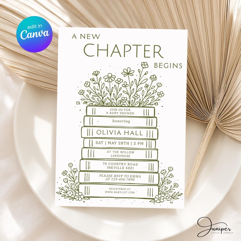 Book Themed Baby Shower Invitation, A New Chapter Begins Invite, Greenery Storybook Baby Invite, Vintage Book Invite, Floral Baby Shower,