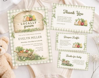 Locally Grown Baby Shower Invitation Set, Farmers Market Invite Bundle, Little Sprout Baby Shower Card Suit, Vegetables Baby Shower Template