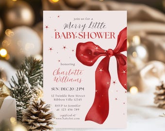 May include: A baby shower invitation with a red ribbon design. The invitation reads "Merry Little Baby Shower" and includes details for the event, including the date, time, and location. The invitation is for Charlotte Williams.