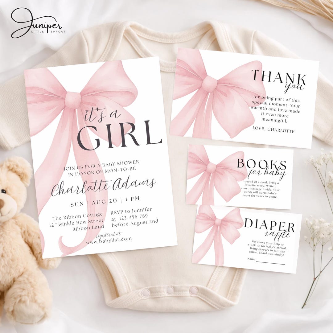 Editable Pink Bow Baby Shower Card Bundle, Coquette Baby Shower Set ...