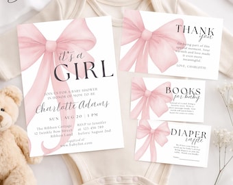 Editable Pink Bow Baby Shower Card Bundle, Coquette Baby Shower Set, Pink Ribbon Baby Shower Thank You Card, Bow Books & Raffle Cards
