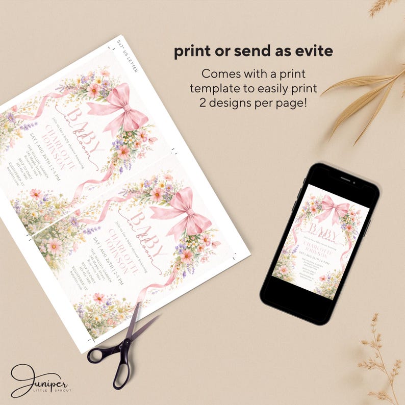 Baby in Bloom Baby Shower Invite, Wildflower Invite, Girl Baby Shower Invite, Pink Bow Baby in Bloom Invite, Spring Flowers Baby Shower