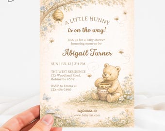 A Little Hunny Is On The Way Baby Shower Invitation, Vintage Winnie the Pooh Invite, Honey Bear Invite, Woodland Floral Baby Shower Invite