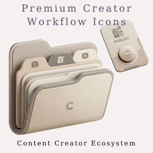 May include: A beige and gray folder-shaped organizer with icons for content creation. The organizer has a curved design and includes icons for camera, edit, and play. A separate card with a publish button is also shown. Text reads "Premium Creator Workflow Icons" and "Content Creator Ecosystem."