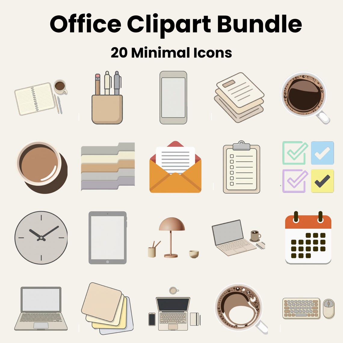 Office Clipart Bundle, 20 PNG Icons, Minimal Desk Clipart, Neutral ...