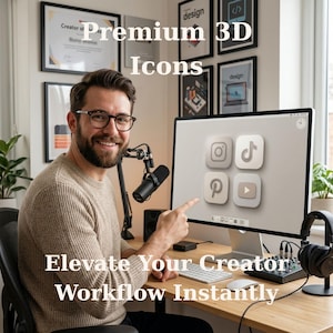 May include: A computer monitor displays four 3D social media icons for Instagram, TikTok, Pinterest, and YouTube. The screen shows the text Premium 3D Icons and Elevate Your Creator Workflow Instantly. A person sits at a desk with a microphone and headphones.