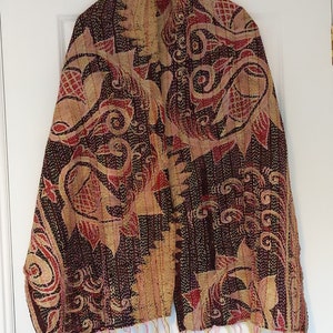 Silk Kantha Shawl/Wrap. Indian Artisan Item. Hand stitched. Taupe,  Claret, Green, Black. Medium