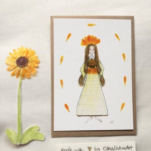 Postkarte "die Lebensgärtnerin", Blumen, Geburtstagskarte, Karte für Freundin, Illustration mit Blüten, Kunstkarte
