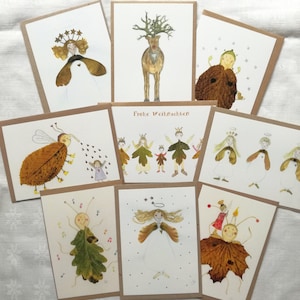 Buntes Weihnachtskartenset, liebevolle Weihnachtskarten, Engelkarten, Engelillustration, Blätterkunstkarten, Käferillustration, Engelpost