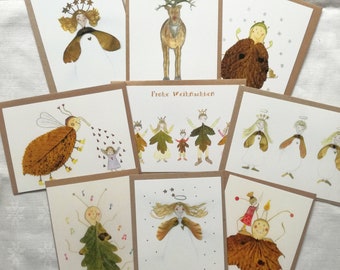 Buntes Weihnachtskartenset, liebevolle Weihnachtskarten, Engelkarten, Engelillustration, Blätterkunstkarten, Käferillustration, Engelpost