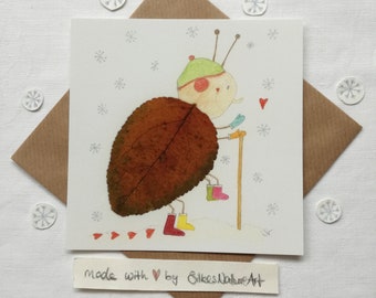 Postcard *Snow Hiker*, Christmas card, beetle illustration