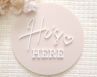 She’s Here or He's Here | announcement plaque  | Newborn photo shoot | Newborn announcement | Photo prop | Hello world Sign | Baby plaque