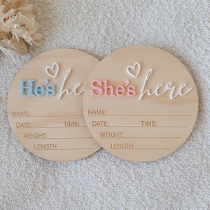 She’s Here or He's Here | announcement plaque  | Newborn photo shoot | Newborn announcement | Photo prop | Hello world Sign  | Hello World