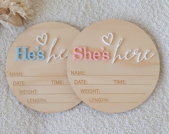 She’s Here or He's Here | announcement plaque  | Newborn photo shoot | Newborn announcement | Photo prop | Hello world Sign  | Hello World