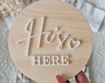 She’s Here or He's Here | announcement plaque  | Newborn photo shoot | Newborn announcement | Photo prop | Hello world Sign | Baby plaque