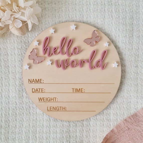 Wooden Hello World Baby Birth Announcement Sign - Newborn Details Board For Nursery Decor