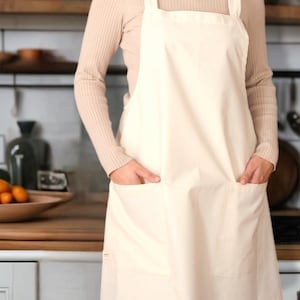 Cross Back Linen Apron - Japanese Style Kitchen Apron with Pockets - No-Tie Apron for Cooking,Gardening & Crafts