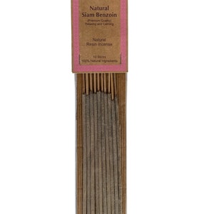 May include: A pack of 10 natural Siam Benzoin incense sticks. The packaging is brown with pink text that reads "AUROSHIKHA Natural Siam Benzoin (Premium Quality) Relaxing and Calming Natural Resin Incense 10 Sticks 100% Natural Ingredients".