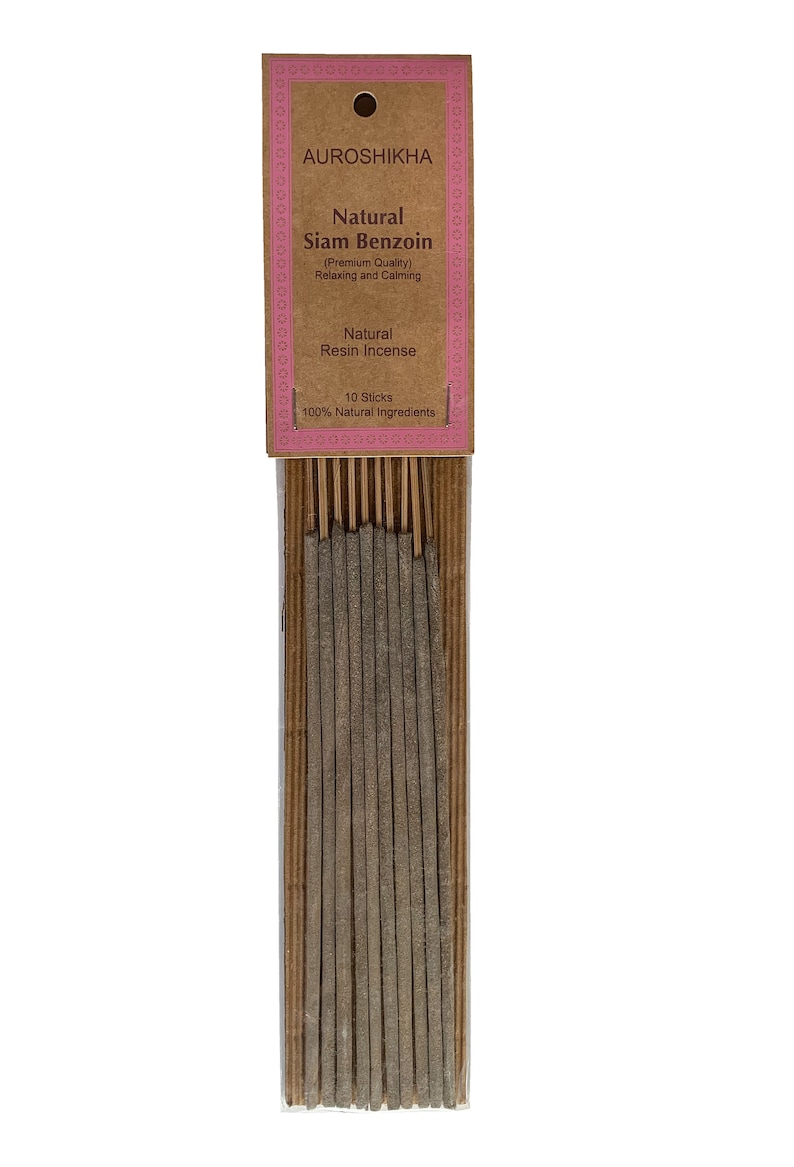 May include: A pack of 10 natural Siam Benzoin incense sticks. The packaging is brown with pink text that reads "AUROSHIKHA Natural Siam Benzoin (Premium Quality) Relaxing and Calming Natural Resin Incense 10 Sticks 100% Natural Ingredients".
