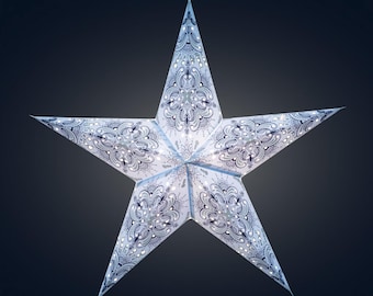 Artschatz Paper Star Lantern ~ Floral 5 Point 24 inch -  Periwinkle | Red - Light and Cable included - with magnetic closure