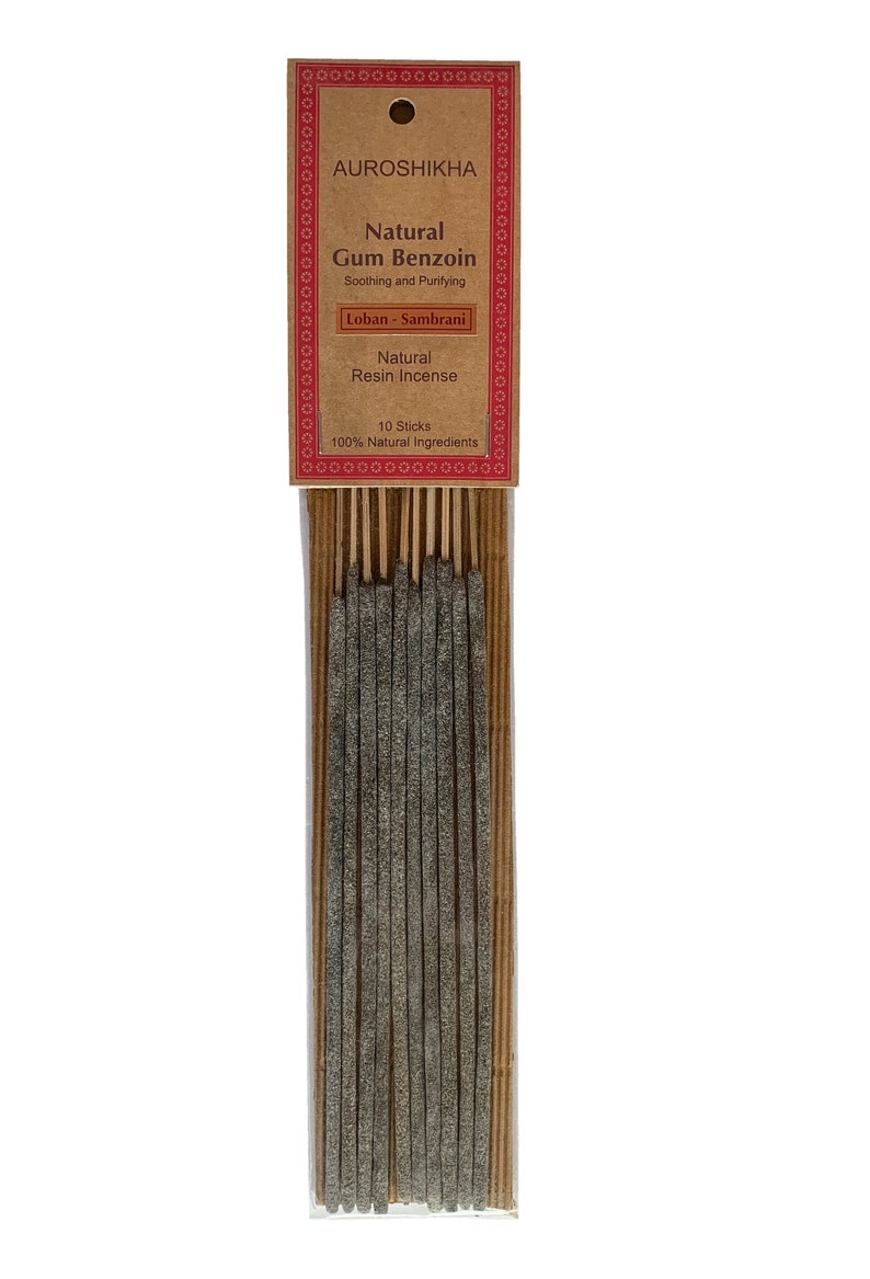 May include: A pack of 10 natural gum benzoin incense sticks. The packaging is brown with red text that reads "AUROSHIKHA Natural Gum Benzoin Soothing and Purifying Loban - Sambrani Natural Resin Incense 10 Sticks 100% Natural Ingredients".