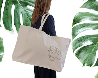 Personalized Jumbo Bag Botany Plant Friends - Oversized Organic Shopper - Monstera Leaf Line Art - Large Plant Bag - Plain Bag