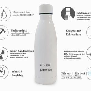 May include: A white insulated water bottle with a white cap and black accents. The bottle is 260 mm tall and 70 mm in diameter. Features include a vacuum-sealed cap, BPA-free construction, and suitability for carbonated beverages.