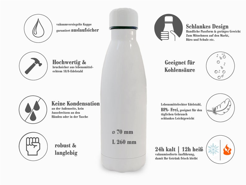 May include: A white insulated water bottle with a white cap and black accents. The bottle is 260 mm tall and 70 mm in diameter. Features include a vacuum-sealed cap, BPA-free construction, and suitability for carbonated beverages.