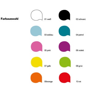 May include: A graphic showing a color palette with the German text "Farbauswahl" at the top. The palette includes ten color swatches in various colors, each labeled with a number and a German color name, such as "wei&szlig;" (white) and "schwarz" (black).