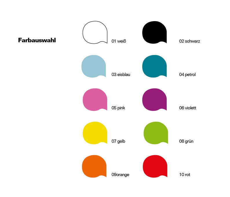 May include: A graphic showing a color palette with the German text "Farbauswahl" at the top. The palette includes ten color swatches in various colors, each labeled with a number and a German color name, such as "wei&szlig;" (white) and "schwarz" (black).