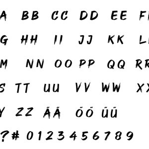 May include: A white background displays a black, handwritten font alphabet and numbers. The letters are in uppercase, with some accented characters. Symbols like the ampersand, question mark, and number sign are also present.