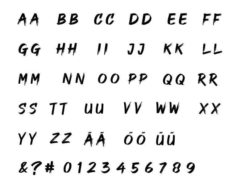 May include: A white background displays a black, handwritten font alphabet and numbers. The letters are in uppercase, with some accented characters. Symbols like the ampersand, question mark, and number sign are also present.