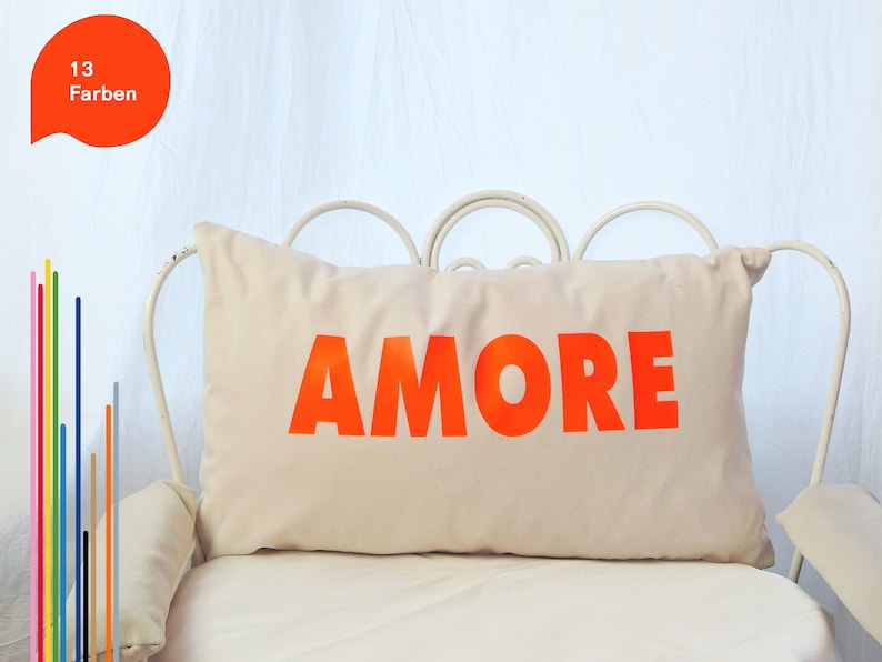 Kissen Amore Personalisierter Kissenbezug 30x50 cm Liebe in Neon Orange / 13 Farben Geschenk für Paare Hochzeitsgeschenk MissesMueller Bild 2