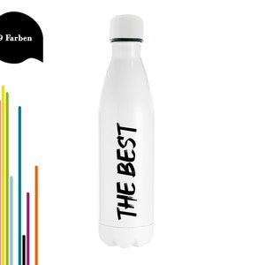 May include: White insulated water bottle with a white cap and the black text "THE BEST". A black speech bubble with the text "9 Farben" and a vertical array of colorful lines are on the left.