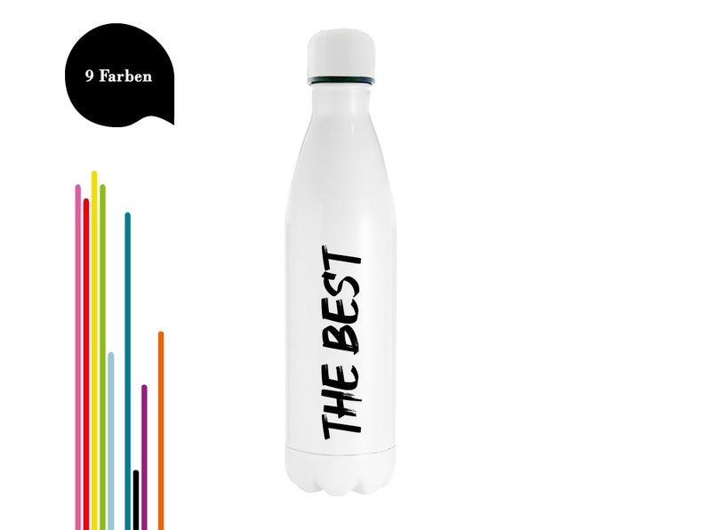 May include: White insulated water bottle with a white cap and the black text "THE BEST". A black speech bubble with the text "9 Farben" and a vertical array of colorful lines are on the left.