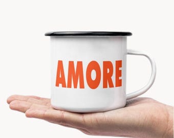 AMORE heart enamel mug - enamel mug black rim - love mug love gift love - gift declaration of love anniversary